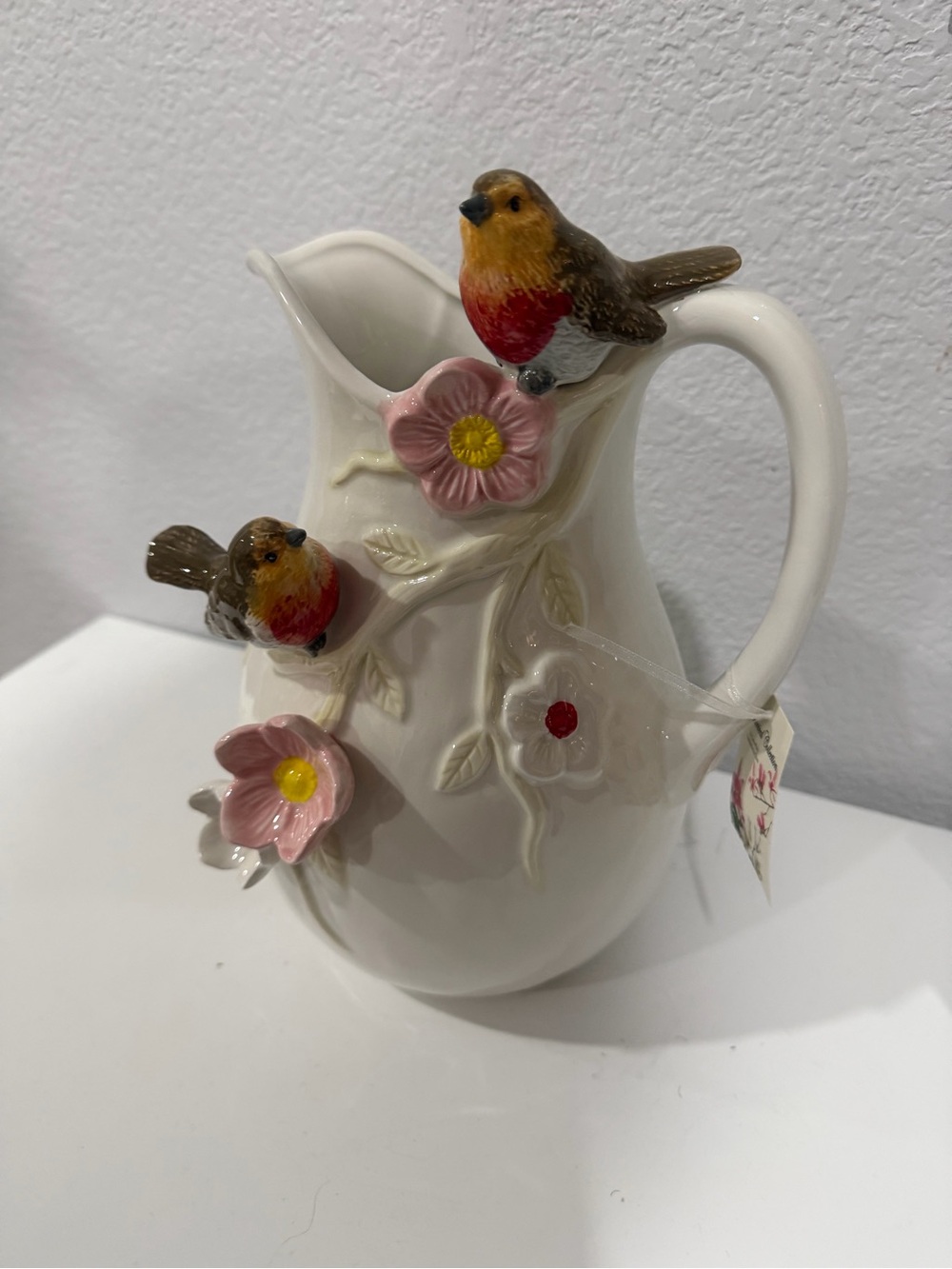 White Ceramic Pitcher with Pink Flowers & Bird Accents